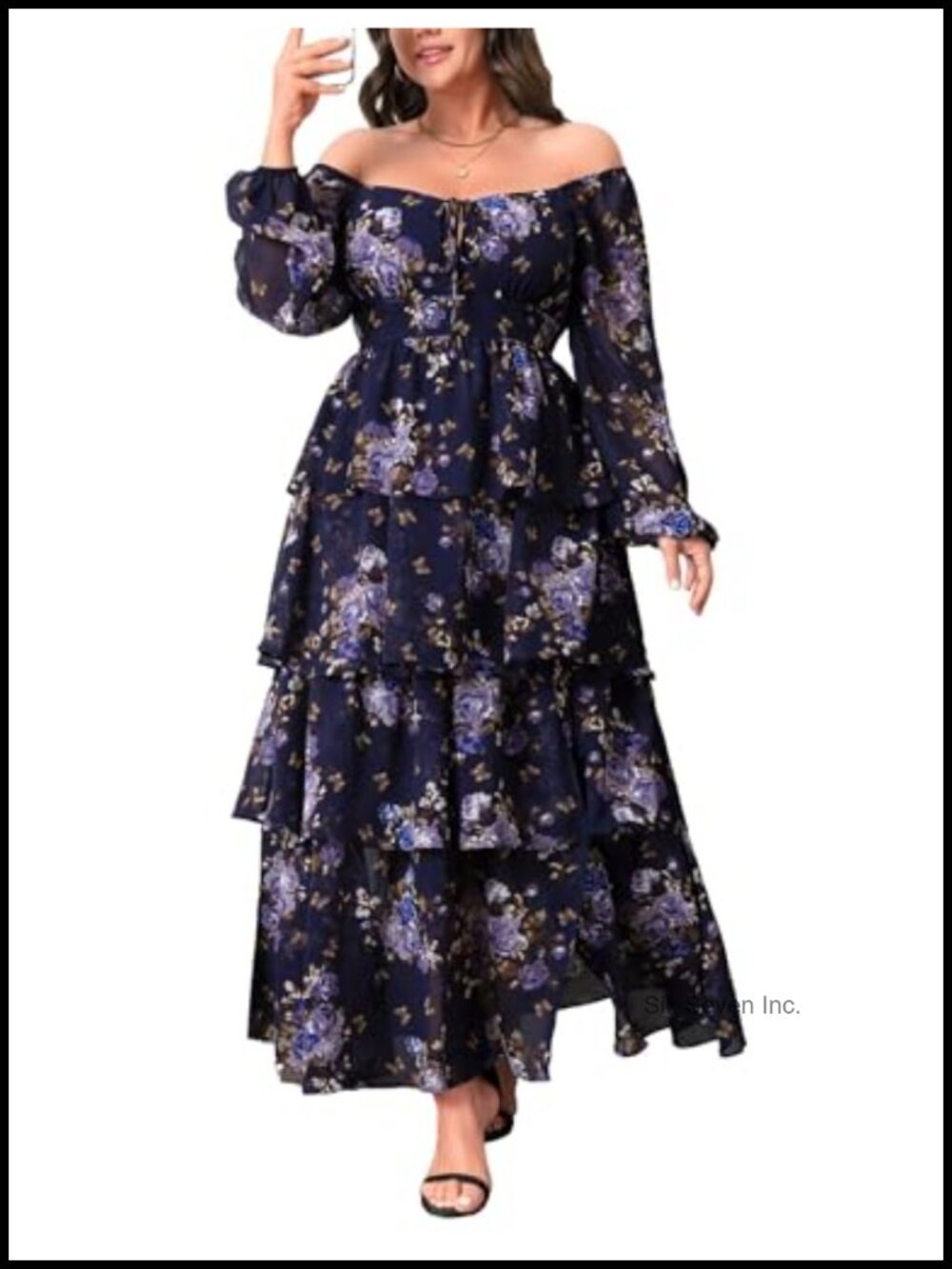Plus Size Floral Chiffon Tiered Maxi Dress Long Sleeve Wedding Guest